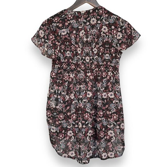 Knox Rose Sheer Blouse Women Size XS‎ Multicolor Floral Smocked Button Front - Picture 9 of 14